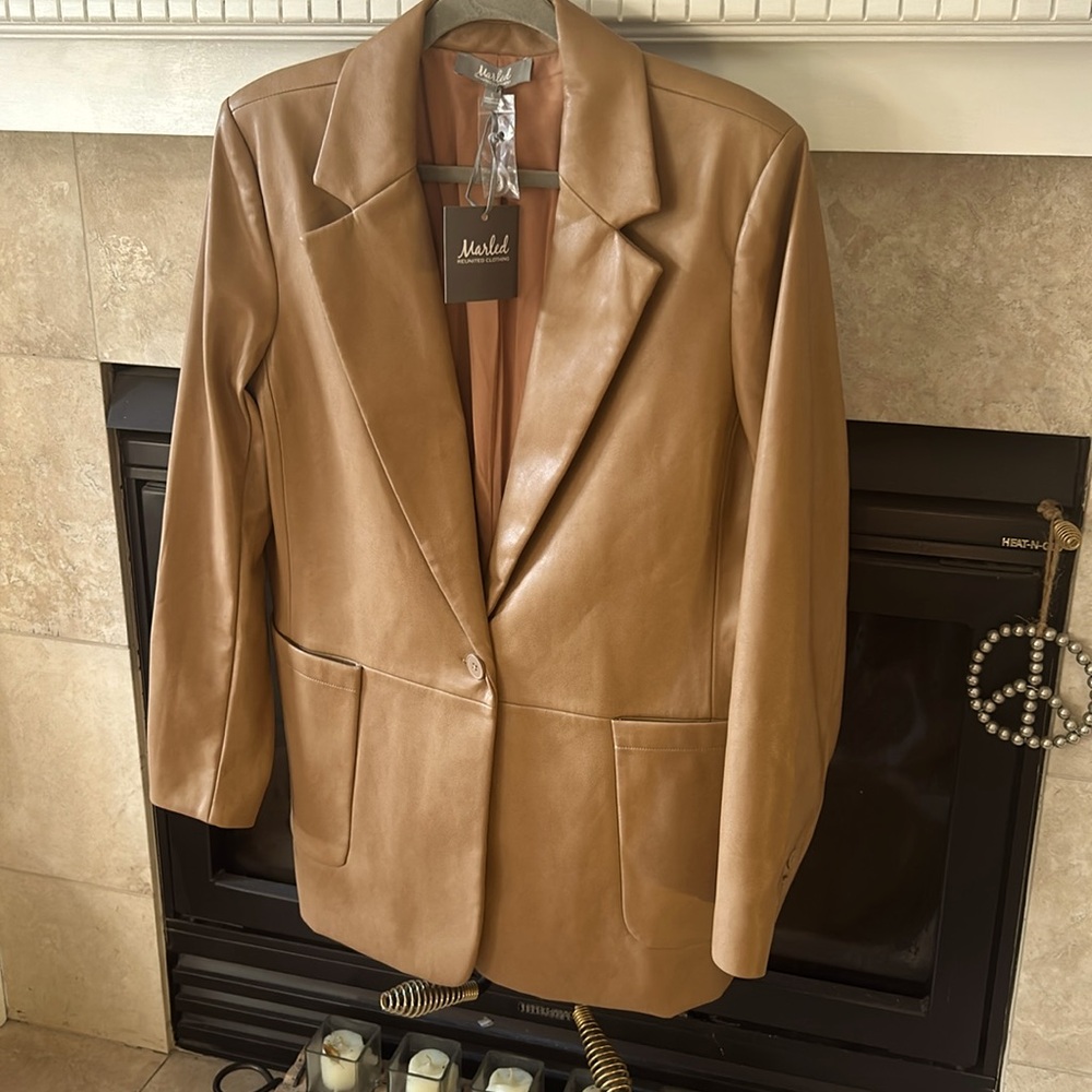 Faux Leather Single Button Blazer